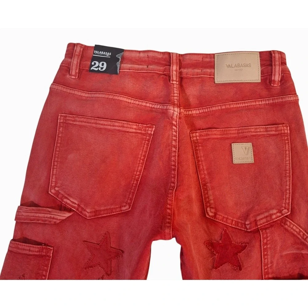 Valabasas V-Star Red Wash Distressed Star Patchwork Flare Jeans Mens 29 NEW